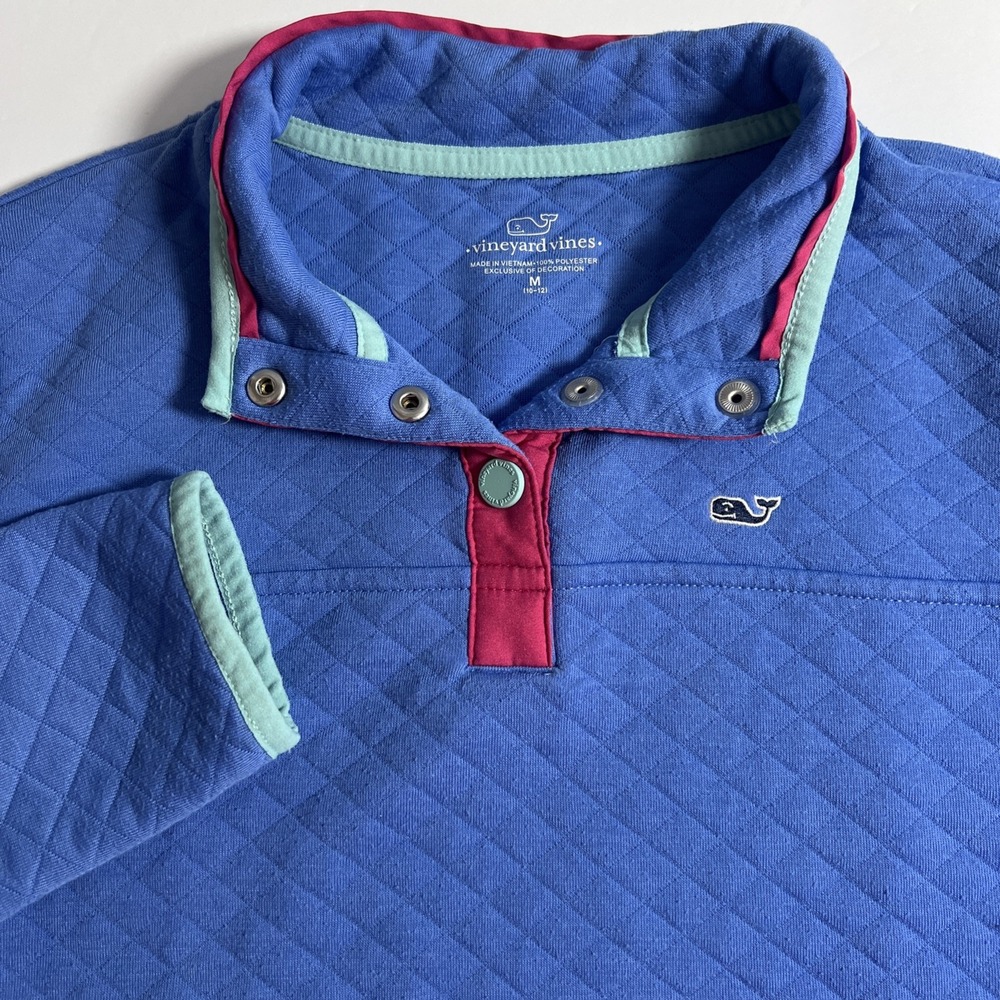 Vineyard Vines Girls Blue Medium 10-12 Youth Quilted Snap Mock Pullover